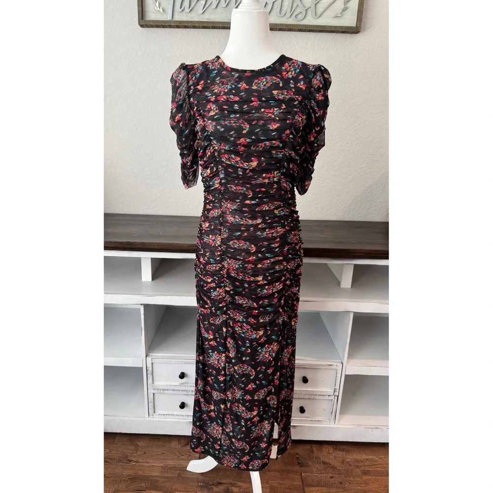 Free People Brielle Midi Dress Floral Ruched Keyhole Back Twilight Size S